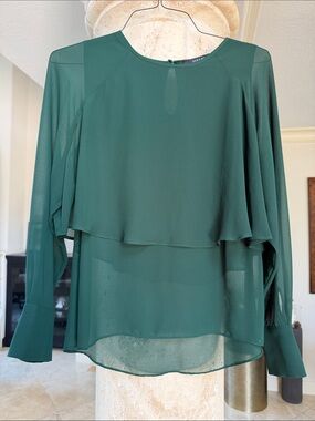 Zara Dark Green Layered Chiffon Long Sleeve Blouse Sz S
